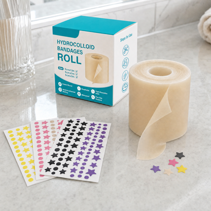 Cut-to-fit hydrocolloid acne tape roll with box, plus star and dot pimple patch sheets
