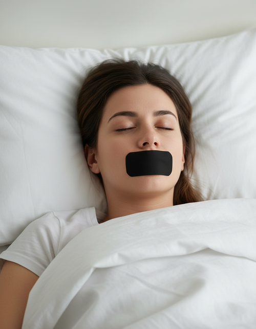 Woman asleep wearing a black cotton mouth tape strip across her lips
