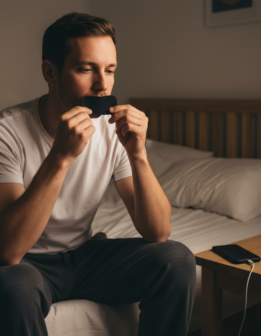 Man pressing a mouth tape strip across his lips before bed