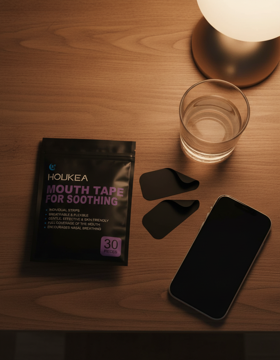 Mouth tape pouch and strips on a bedside table